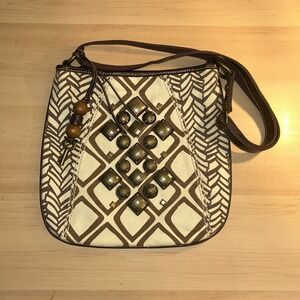 Fossil‎ Ari Embellished Beige & Brown Canvas Hobo Purse
